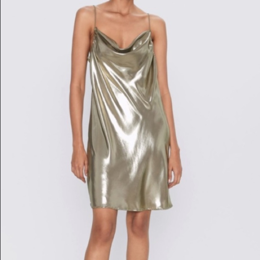 NWT ZARA Gold Spaghetti Slip Mini Dress Small Y2K